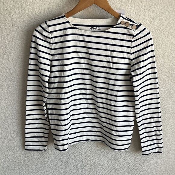 J Crew Striped Pearl Button Shoulder Artist Tee Womens XXS White Navy Blue - Picture 2 of 10